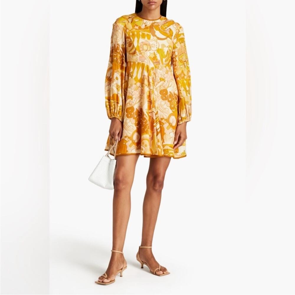 Zimmermann Linen Flared Long Sleeve Mini Dress in Saffron Size 3(10)